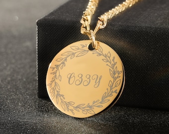 Personalized Circle Tag, Custom Engraved Necklace, Gold Disc Necklace, Kids Name Necklace, Coin necklace, Gifts for Her