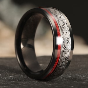 Celtic Spiral and Red Guitar String Tungsten Wedding Band, Guitar String Ring, Tungsten Men's Wedding Ring, Guitarist Ring, Musician Ring