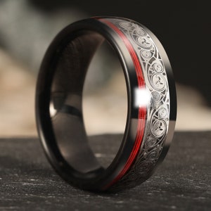 Celtic Spiral and Red Guitar String Tungsten Wedding Band, Guitar String Ring, Tungsten Men's Wedding Ring, Guitarist Ring, Musician Ring