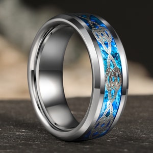 Celtic Knot Silver Tungsten Ring, Men & Women Celtic Tungsten Ring,  Blue Opal Promise Ring, Irish Celtic Engagement Ring, Couples Ring