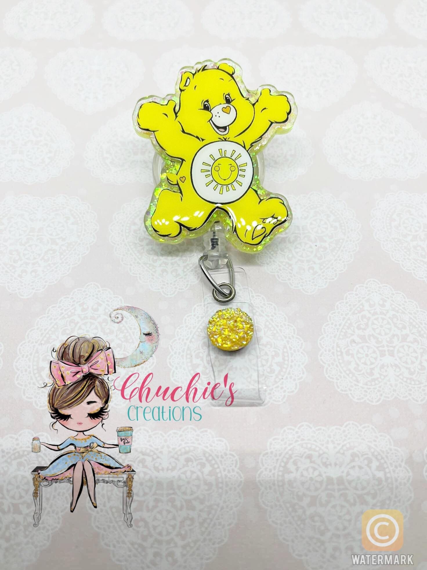 Yellow Care Bear Badge Reel--Sunshine Badge Reel--Sunshine Bear--Cute Badge Reels--Glitter Badge Reels--Retractable Badge Reels--Cute Badges