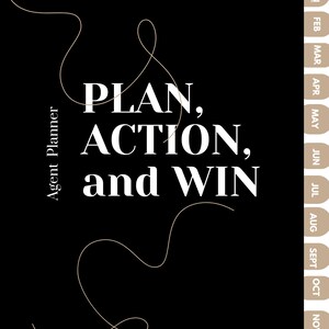 May include: Black and white planner cover with the text "PLAN, ACTION, and WIN" and a decorative line design. The planner has a tabbed calendar section on the right side.