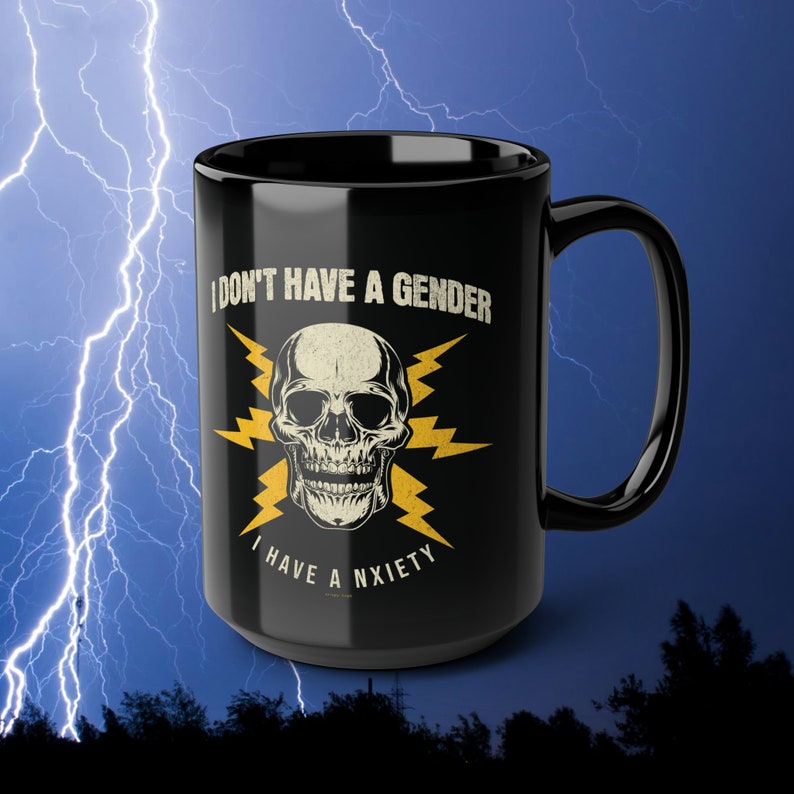 Funny Nonbinary Anxiety Mug, Enby LGBT Skeleton Gift image 1