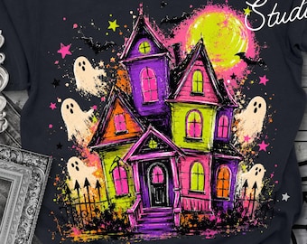 Neon Halloween Haunted House PNG, Whimsical Gothic Shirt Design (Digital Download)