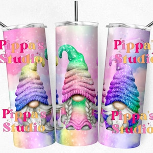 Rainbow Gnome Sparkle Tumbler PNG, 20 oz Skinny Tumbler Wrap