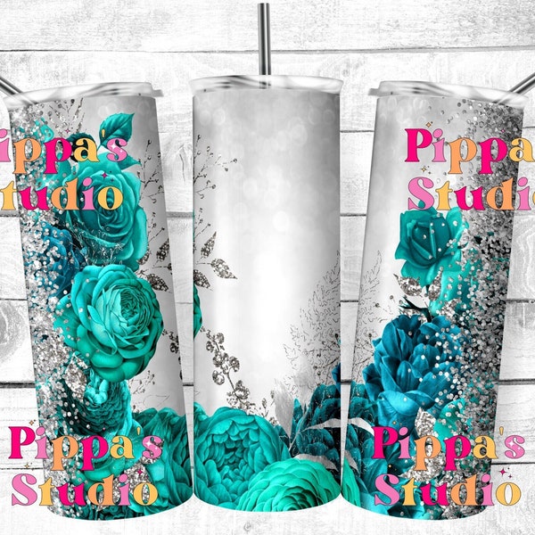 Teal Roses Silver Glitter 20oz Tumbler Wrap, Flower Tumbler