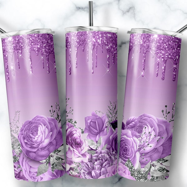 Purple Silver Flower Tumbler Wrap PNG, 20 oz Tumbler Wrap