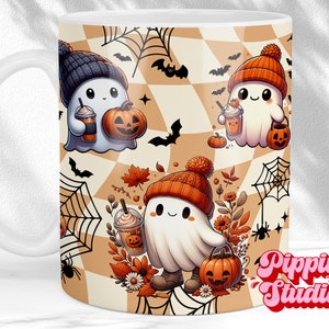 Halloween schattige geesten 11oz en 15oz mokomslagsjabloon, spookpompoensublimatie, spookseizoen, trendy herfstkoffiemokontwerp