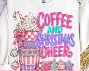 Coffee And Christmas Cheer PNG, Preppy Holiday Sublimation Design, Pink Purple Winter PNG, Girly Christmas Sweatshirt Design