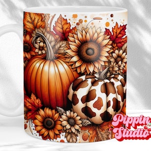 May include: White ceramic mug with a fall-themed design featuring pumpkins, sunflowers, and autumn leaves. The design is in shades of orange, brown, and yellow. The mug has a black handle and the text "Pippin Studio" is printed on the bottom right corner.