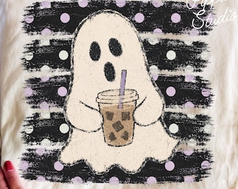 Ghost Stripes PNG Preppy Shirt Design, Trendy Halloween Season, Iced coffee, Distressed Graphic Sublimation