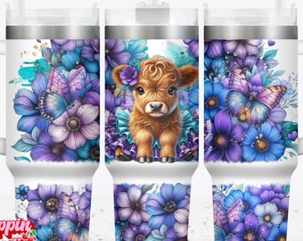 Baby Highland Cow Floral 40oz Tumbler Wrap (PNG)