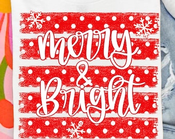 Merry and Bright Stripes Christmas Png, Preppy Xmas Digital Download, Festive Snowflake Png Design