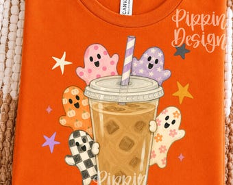 Preppy ghosts Halloween Iced Coffee PNG, Spooky Shirt Design (Digital Download)