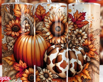 Fall Pumpkin Tumbler Wrap: Cow Print Sunflower Design (PNG Download)