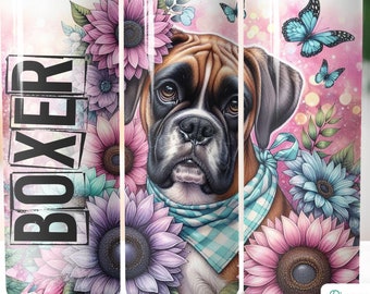 Boxer Dog Floral Tumbler Wrap: 20oz Skinny Sublimation Design (PNG Download)