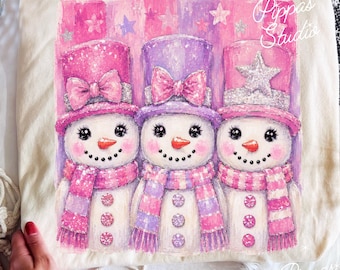 Pink Snowman Trio PNG, Glitter Snowman Christmas Sublimation Design, Pastel Pink Purple Winter PNG, Girly Christmas Sweatshirt Design