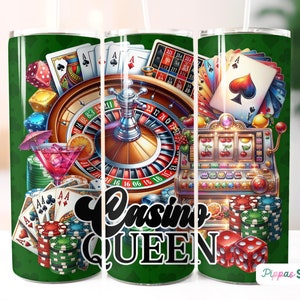 Emballage de gobelet Casino Queen 20 oz, motif sublimation casino, gobelet sur le thème du jeu téléchargement png, reine, conception de dés de cartes de roulette
