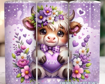 Mother's Purple Heart Highland - MOM Blossom Cow Tumbler Wrap 20oz - Flower Sublimation Design - Mother's Day Sublimation - tumbler for Mom