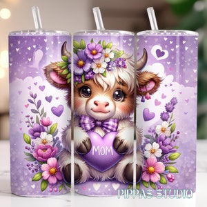 Mother's Purple Heart Highland - MOM Blossom Cow Tumbler Wrap 20oz - Flower Sublimation Design - Mother's Day Sublimation - tumbler for Mom