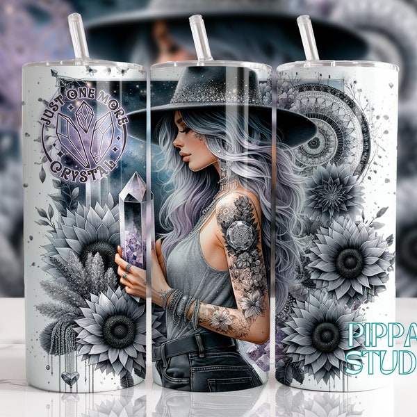 Celestial Crystal Tumbler Wrap, Boho Sunflower Tumbler, 20 oz Skinny Sublimation Tumbler Design, Celestial women with Tattoos