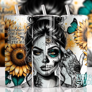 Adesivo para Copo Térmico com Estampa de Caveira Floral: Design Sarcástico de Caveira Mexicana (PNG)
