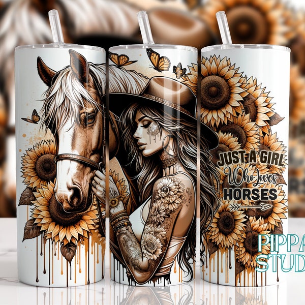 Just A Girl Who Loves Horse's Tumbler Wrap, 20oz Skinny Sublimation Tumbler Design, Boho Sunflower Horse Lover Design