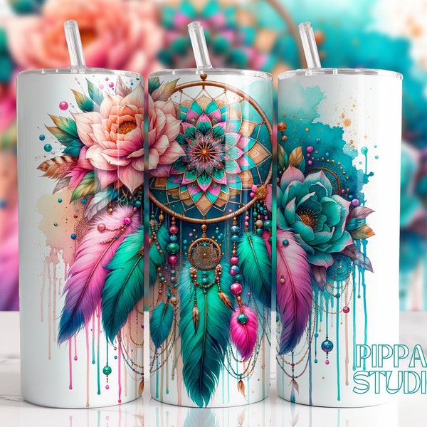 Boho Pink Dreamcatcher Floral Tumbler Wrap, 20oz Skinny Sublimation Tumbler Design, Floral Boho Sublimation Design PNG