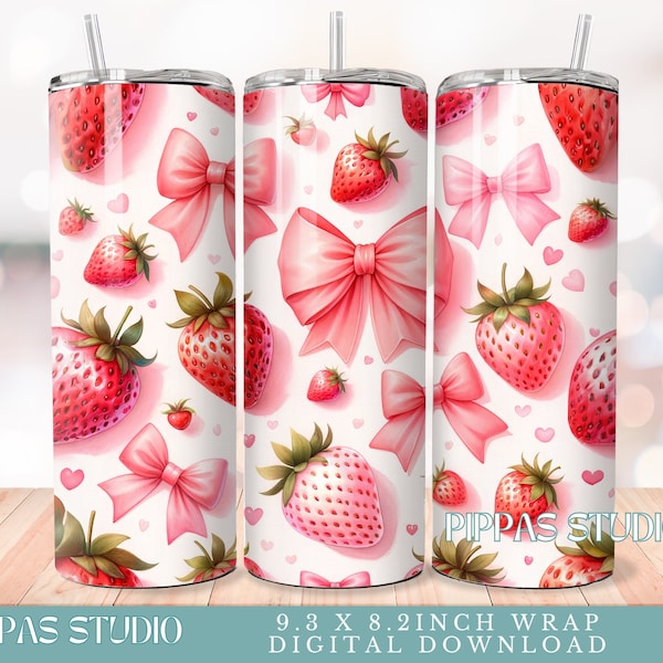Noeud rose fraise 20 oz design en sublimation gobelet skinny, emballage de gobelet aux fraises, PNG fraise, emballage de gobelet coquette