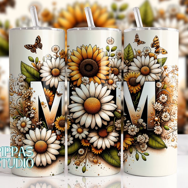 Sunflowers MOM Floral Tumbler Wrap, Mothers day tumbler wrap, Sublimation design templates, daisy flower 20 oz straight tumbler png