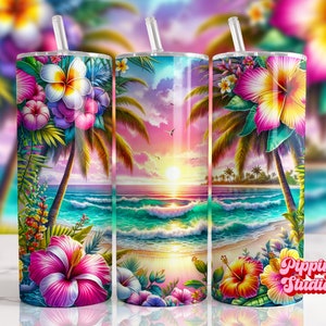 May include: Three stainless steel tumblers with a tropical beach sunset design. The tumblers feature palm trees, pink and orange skies, blue ocean waves, and colorful hibiscus flowers.