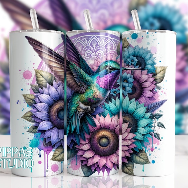 Hummingbird Mandala Tumbler Wrap Cute Bird tumbler wrap, hummingbird sublimation design, 20 oz pastel sunflower wrap