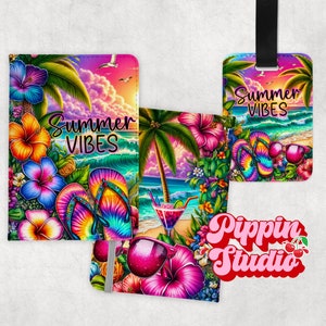 Summer Vibes Travel sublimatiebundel, zonsondergang teenslippers zonnebril strand, bagagelabel, paspoorthoes, png