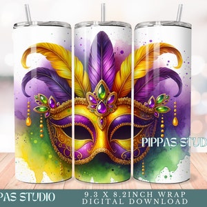 Mardi Gras Jeweled Mask Design, Mardi Gras 20 oz Skinny Straight Tumbler Sublimation Design, Tumbler Wrap, PNG Digital Download