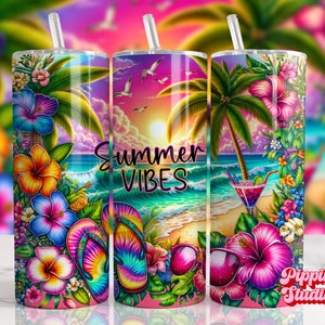 May include: A colorful summer themed tumbler with a beach scene, palm trees, flowers, and flip flops. The tumbler has the text "Summer Vibes" on it.
