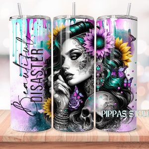 Beautiful Disaster Tumbler Wrap png, Skull floral 20oz Skinny Sublimation Tumbler Design, Sarcastic Tumbler Design,