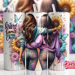 May include: Two women with long brown hair are hugging each other. They are wearing jeans and colorful shirts. The background is a watercolor design with butterflies, sunflowers, and hearts. The text "Friends are the family you choose" is written in a colorful font.