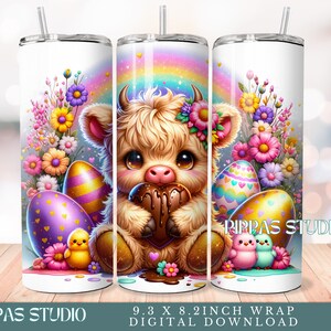 Cute Baby Highland Cow 20 oz Skinny Tumbler Sublimation Design, Highland Cow Tumbler Wrap, Easter Tumbler Wrap, Easter PNG