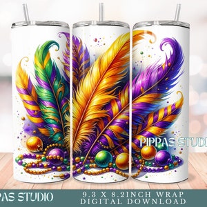 Mardi Gras Feathers Design, Mardi Gras 20 oz Skinny Straight Tumbler Sublimation Design, Tumbler Wrap, PNG Digital Download