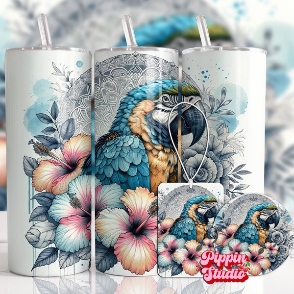 Parrot Tropical Flowers 20 oz Tumbler Wrap, Car Freshener, Care Coaster Sublimation PNG Bundle