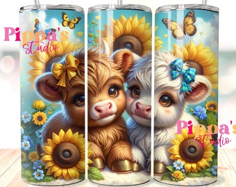 Diseño floral de vaca bebé de las Tierras Altas para vaso de 20 oz, descarga digital PNG, diseño para sublimación.