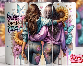 Friends are the Family Tumbler Wrap png, 20oz Skinny Sublimation Design, Best Friends affirmation Quote, Tattoo girl Sunflowers, Bestie PNG