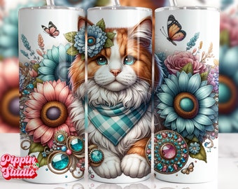 Adesivo per bicchiere termico da 20 oz con gatto soriano rosso e fiori (PNG)