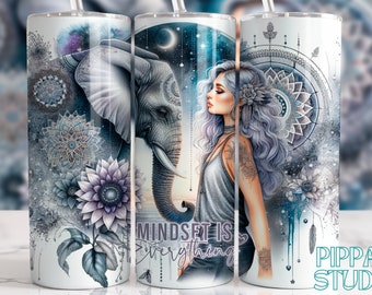 Positive affirmation, Mindset is Everything Tumbler Wrap, Motivational Tumbler, 20 oz Skinny Sublimation Tumbler Design, Celestial Elephant