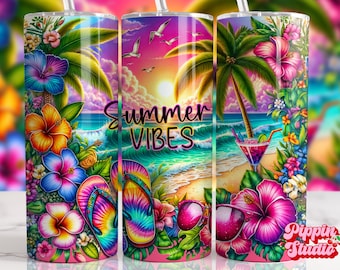 Summer Vibes Tumbler Wrap: Beach Sunset PNG Design (20oz Skinny)