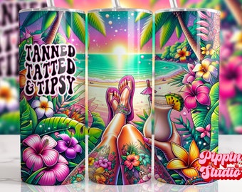 Tanned Tatted And Tipsy Summer Vibes Tumbler Wrap, Sunset Flip Flops Sunglasses Beach PNG Design, 20oz Skinny Sublimation Tumbler Design