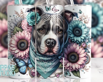 Floral Pitbull Tumbler Wrap: Pink Mint Sunflower Design (20oz PNG)