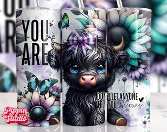 Highland Cow Tumbler Wrap: Sunflower Affirmation Design (PNG)