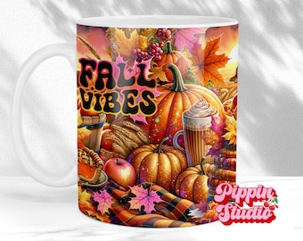Fall Mug Wrap Template: Pumpkin Spice, Book Stack Design (11oz & 15oz PNG Digital Download