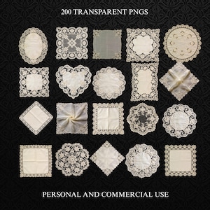 May include: A collection of twenty vintage lace doilies and handkerchiefs in various shapes, including oval, square, and heart. The doilies feature intricate lace patterns and are displayed on a black background. Text reads "200 TRANSPARENT PNGS" and "PERSONAL AND COMMERCIAL USE."